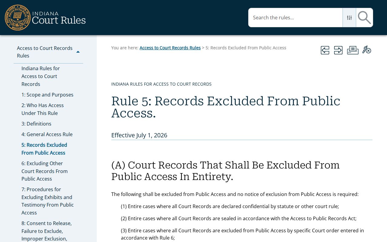 Indiana Access to Court Records Rule 5 warrant access provisions