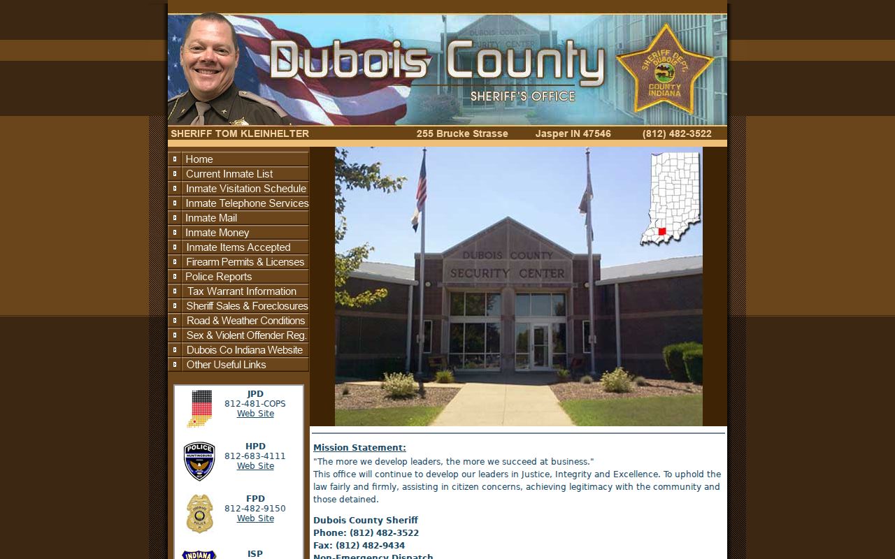 Official Dubois County Sheriff website navigation reviewed for a most-wanted list